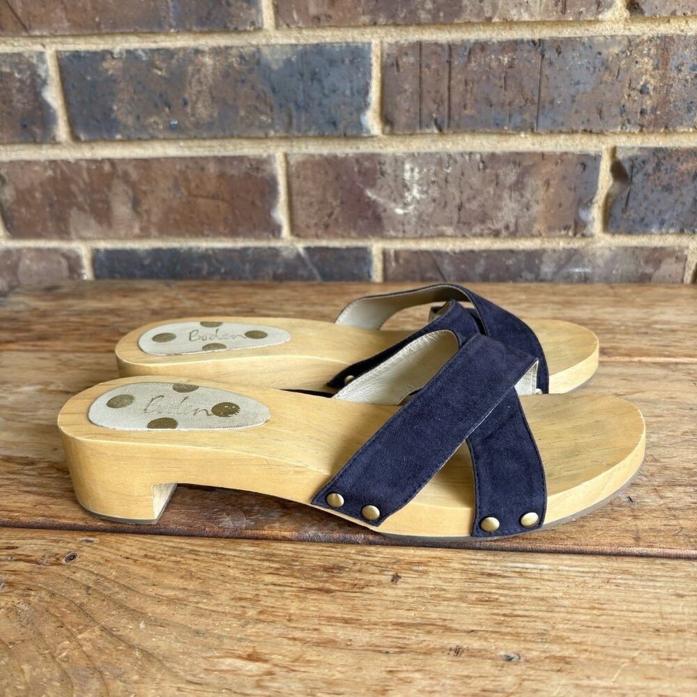 Boden Orella Blue Suede Wooden Clog Slide On Sandals Heels Womens Size 39 US9